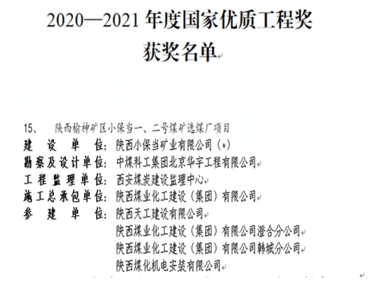 喜訊！陜煤建設一項工程斬獲國家優(yōu)質工程獎